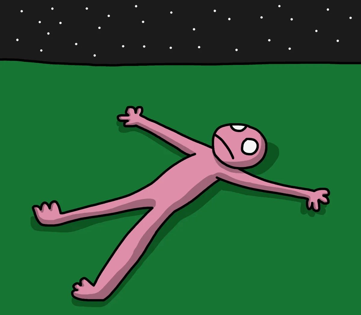 A pink, cartoonish humanoid figure lies flat on a green field under a starry night sky, arms and legs spread out, with one…