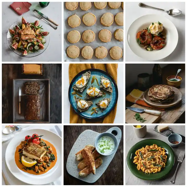 A nine-panel grid collage showcasing various beautifully styled food photos, including a fig salad, shortbread cookies…