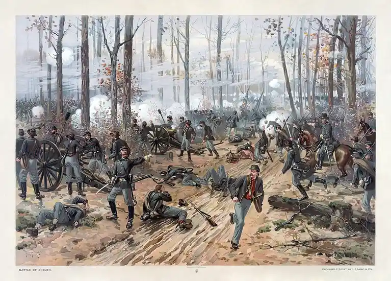 A historical painting depicts a chaotic Civil War battlefield with soldiers in gray uniforms firing rifles, operating…