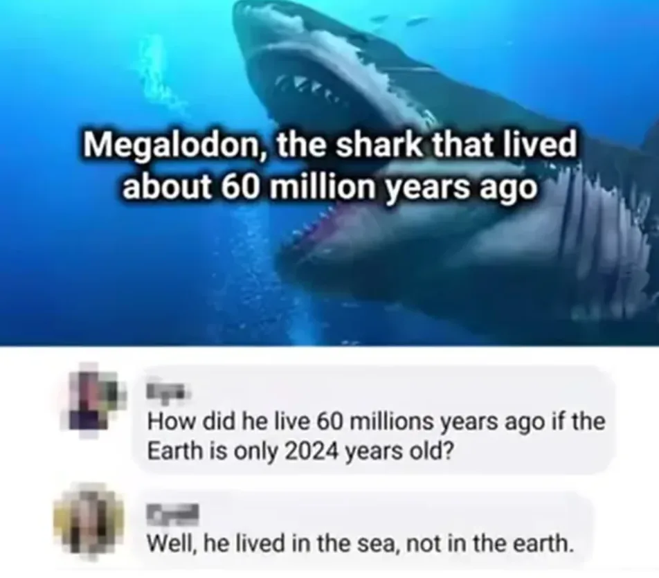 An underwater image of a large megalodon shark with its mouth open, overlaid with text stating 'Megalodon, the shark that…