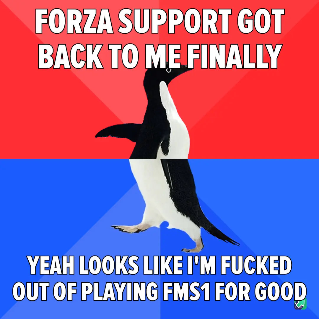 A penguin stands upright against a red and blue background, with bold white text overlaid. The top text reads 'FORZA SUPPORT…