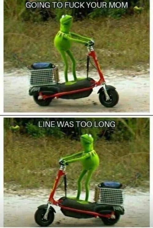 Two-panel image of Kermit the Frog riding a red electric scooter. In the top panel, he's looking forward with the text…