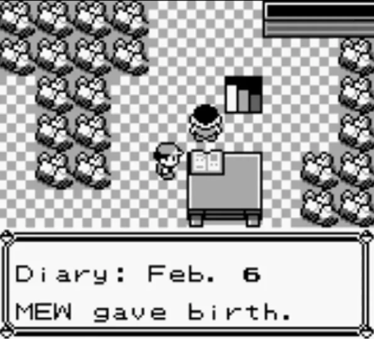 A pixelated Pokémon game scene shows a character standing next to a desk with a book, surrounded by numerous Mewtwo sprites…