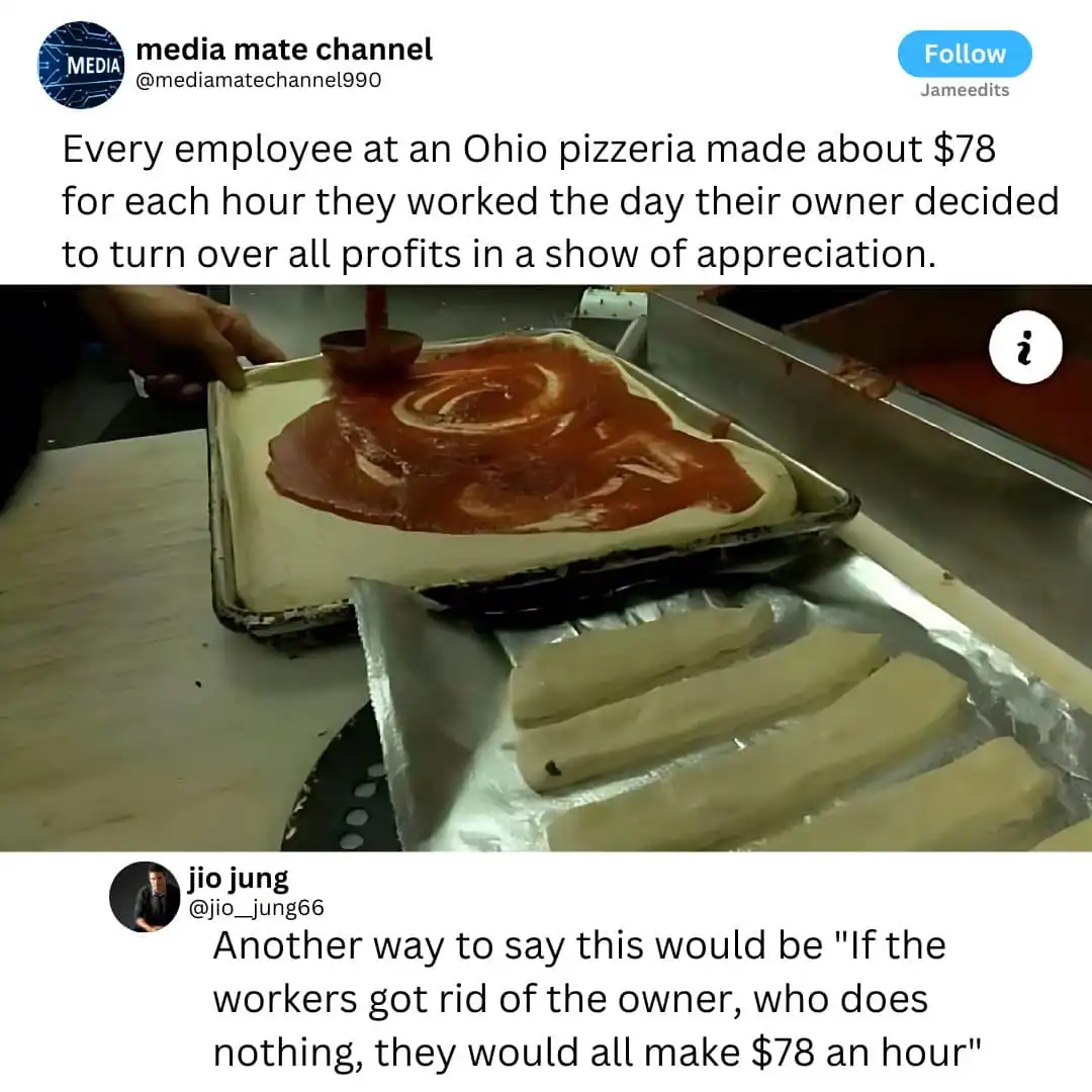 A photo shows a hand spreading tomato sauce in a spiral pattern on a pizza dough base in a commercial kitchen, with other…