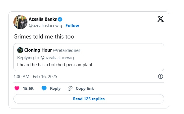 A screenshot of a Twitter/X thread shows Azealia Banks replying to a tweet from 'Cloning Hour' that claims 'Grimes told me…