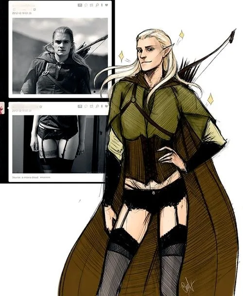 the image shows a fantasy illustration of an elf archer with long white hair, pointed ears, and a green tunic, standing…