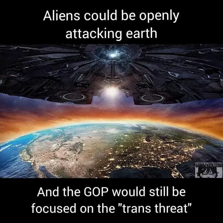 A large, dark, intricate alien spaceship looms over Earth, which is shown from space with a glowing sunset horizon and…