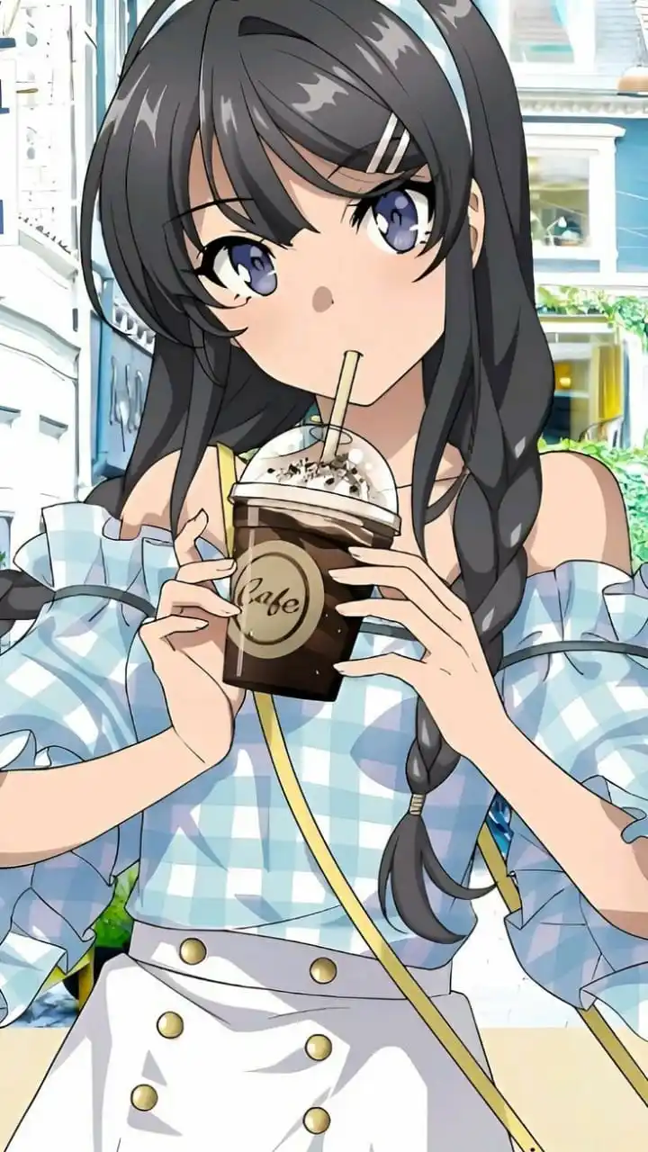 An anime girl with long black hair and blue eyes, wearing a blue and white checkered top and white skirt, holds a large iced…