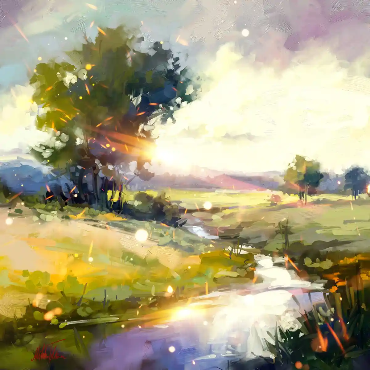 A painterly digital artwork depicts a serene, glowing landscape with trees, water, and floating light particles under a soft…