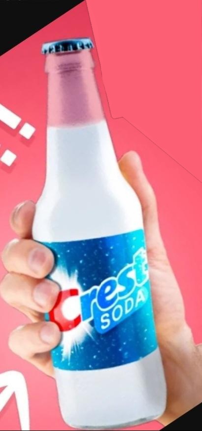 A hand holds a glass bottle labeled 'Crest SODA' against a pink background with white graphic elements. The bottle has a…