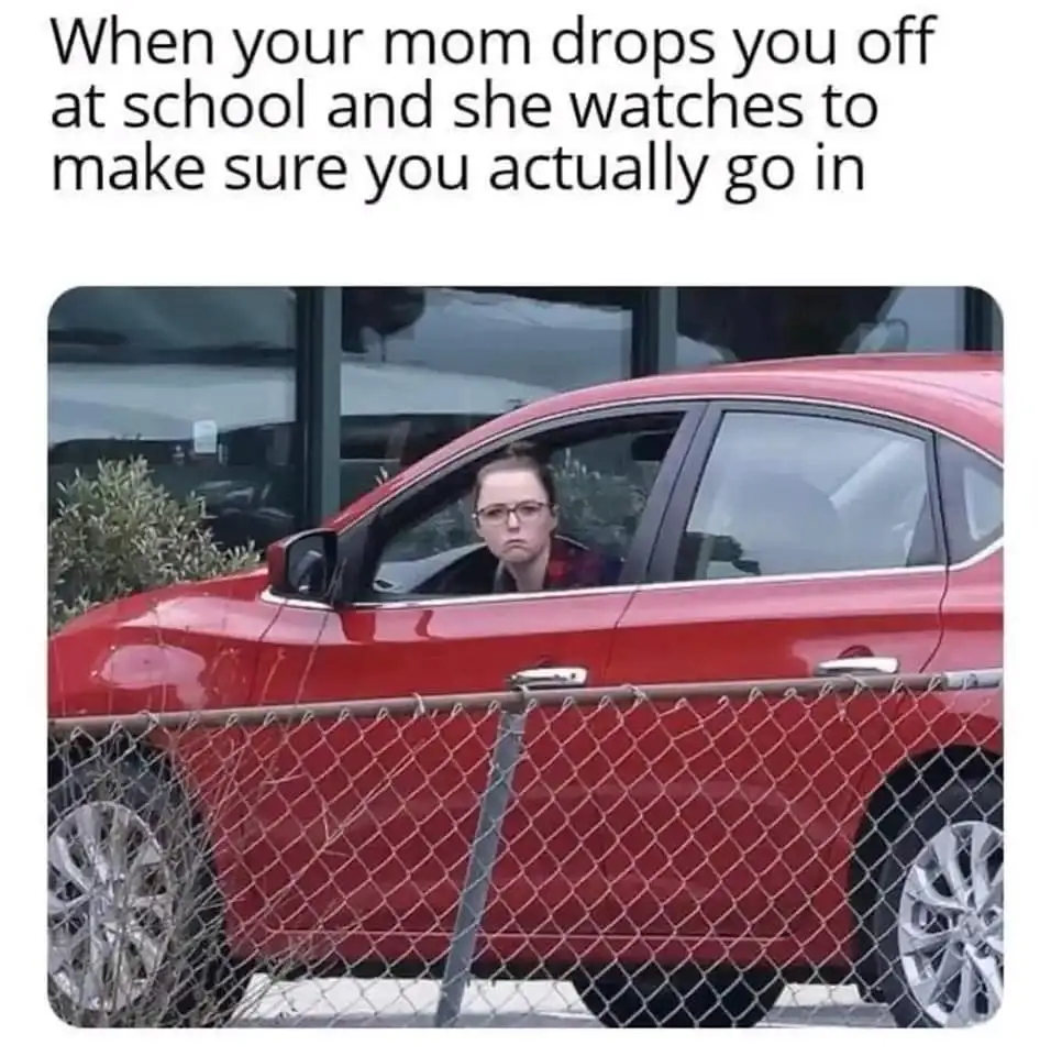A person with glasses sits in the driver's seat of a red car parked behind a chain-link fence, looking out with a skeptical…