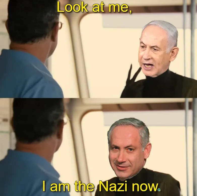 Two-panel image shows a man in a black turtleneck making a Nazi salute in the top panel, with text 'Look at me,' and a…