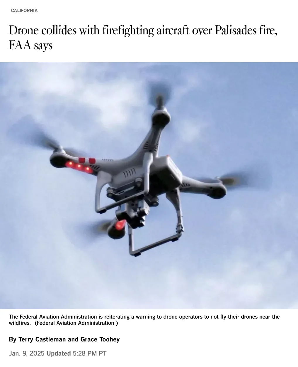 A news article screenshot shows a gray quadcopter drone flying against a cloudy sky, with red lights glowing on its arms…