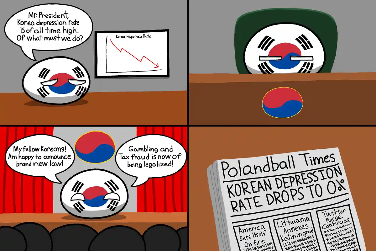 A four-panel cartoon depicts a South Korea ball character, shown as a presidential advisor and then as president, responding…