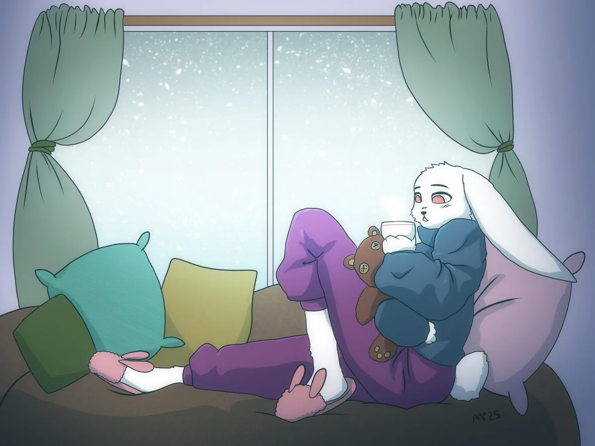 An anime-style white rabbit with long ears sits cozily on a couch, wrapped in a blue hoodie and purple pants, holding a…