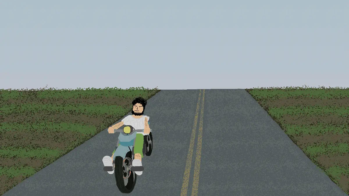 The image shows a cartoon man riding a motorcycle down a rural road in two rows of three panels each. In the top row, he…