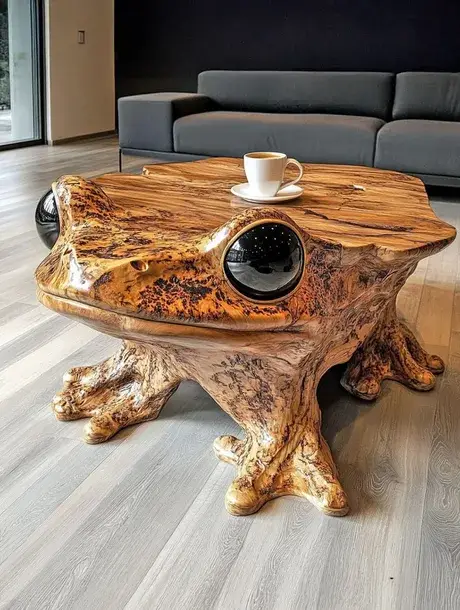 a coffee table crafted to resemble a frog, made of wood with a glossy finish, featuring a large black circular eye and four…
