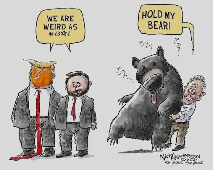 A cartoon depicts two men in suits, one with a Trump-like orange head and the other with a beard, saying 'WE ARE WEIRD AS…