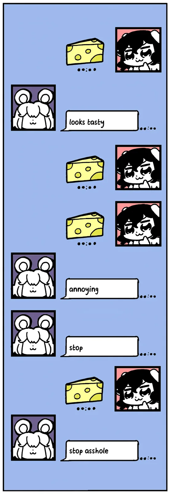 A vertical comic strip shows a character repeatedly commenting on a slice of cheese. The first comment is 'looks tasty,'…