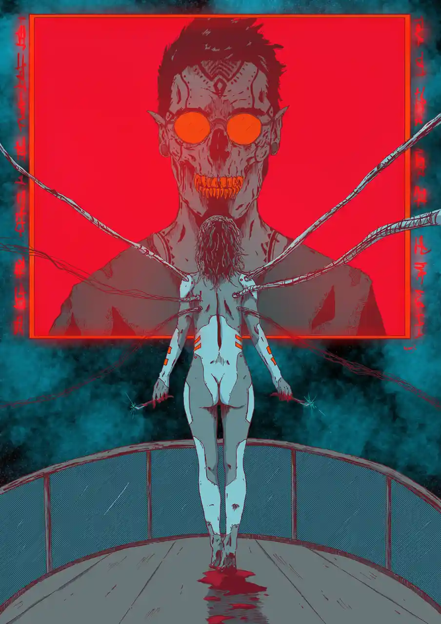 A stylized illustration shows a pale, nude figure standing on a bridge, viewed from behind, with blood pooling at their…