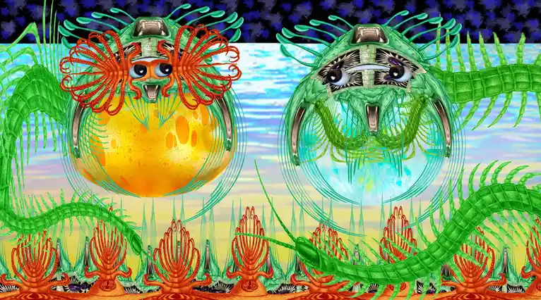 Two cartoonish, green, multi-limbed alien creatures with large eyes and mouths are depicted in a surreal underwater scene…