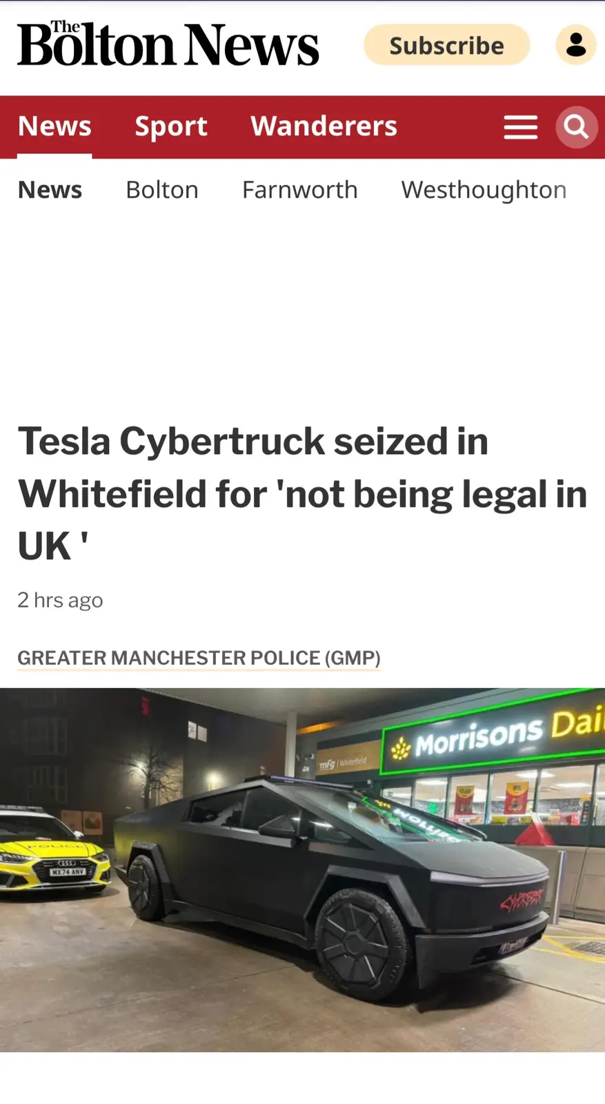 A screenshot of a news article from 'The Bolton News' shows a black Tesla Cybertruck parked outside a Morrisons store at…