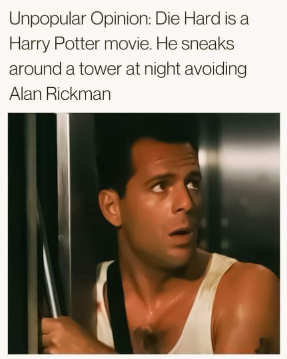 A still image of Bruce Willis as John McClane from 'Die Hard', looking sweaty and alarmed while gripping a metal pole. The…