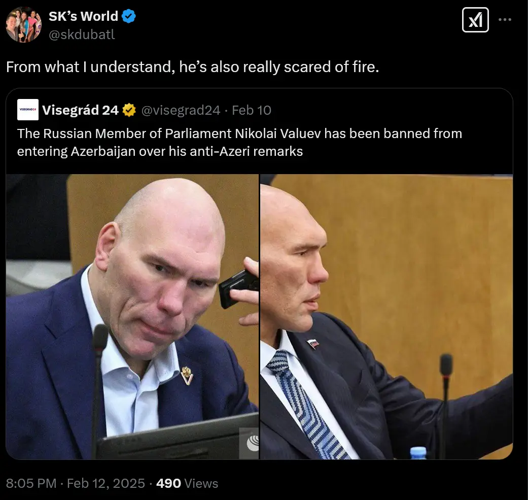 The image shows a split-screen of Russian MP Nikolai Valuev in a formal setting, looking downcast on the left and speaking…