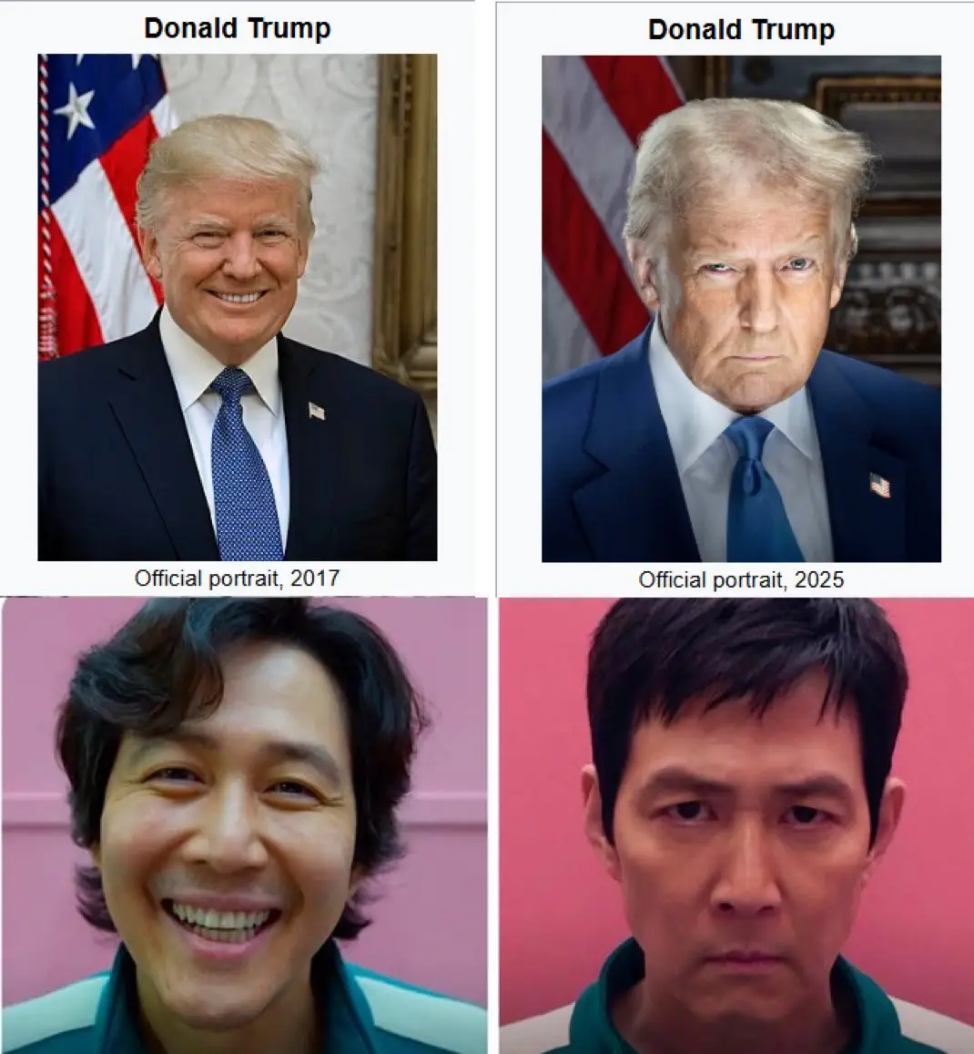 The image is a four-panel meme comparing two official portraits of Donald Trump labeled '2017' and '2025', showing his hair…