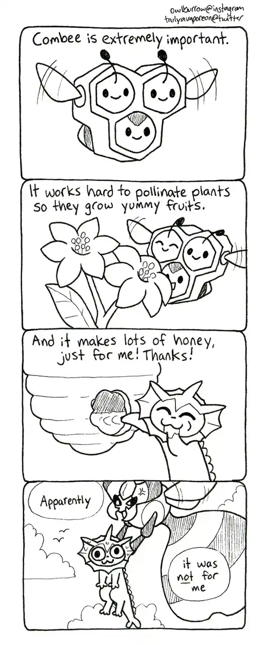 A four-panel comic strip featuring the Pokémon Combee and a small, spiky Pokémon resembling a cat. The first panel shows…