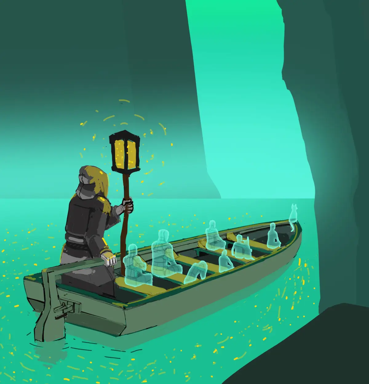 A person in dark armor stands at the stern of a small boat holding a glowing lantern, navigating through a narrow, glowing…