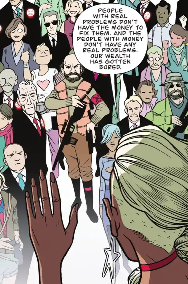 A comic panel shows a man with a beard and rifle standing in a crowd of diverse people, some with angry or bored…