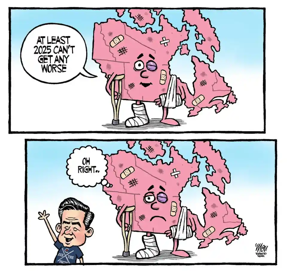 A two-panel cartoon shows a pink, injured map of Canada with bandages, a cast, and crutches. In the first panel, the map…