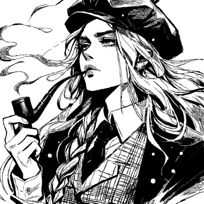 A black-and-white illustrated woman with long hair, wearing a beret and trench coat, smokes a pipe while looking upward. The…