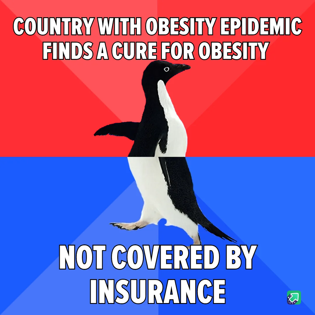 A penguin stands centered against a red and blue background, with bold white text at the top reading 'COUNTRY WITH OBESITY…