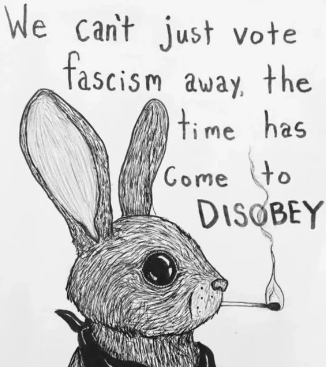 A black-and-white hand-drawn illustration of a rabbit in profile, smoking a cigarette, with the text 'We can't just vote…