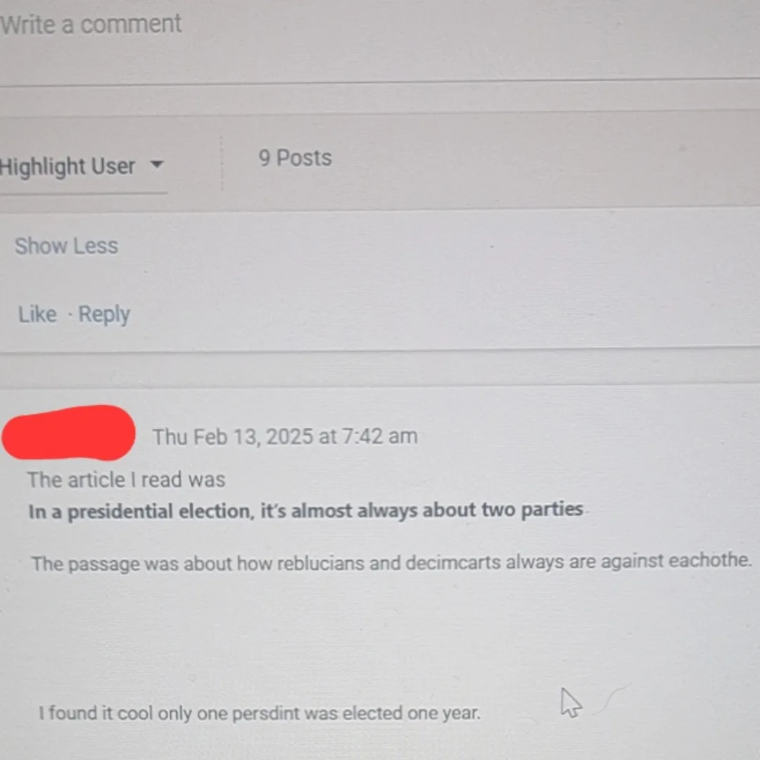 A screenshot of a social media comment section shows a user's post with a redacted profile picture. The comment, dated…
