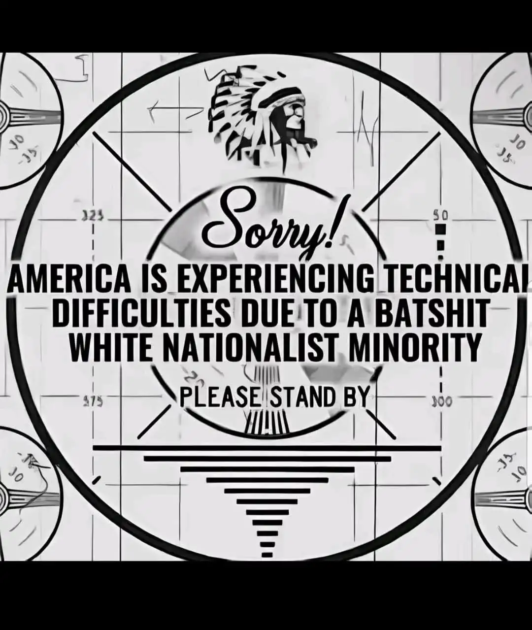 A black and white image resembling a vintage radar or targeting screen with a stylized Native American headdress at the top…