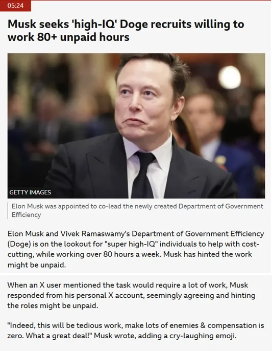 A screenshot of a news article shows Elon Musk looking serious in a suit, with the headline 'Musk seeks 'high-IQ' Doge…