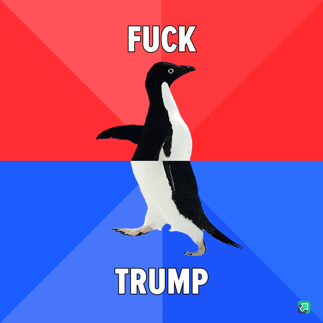 A penguin is split vertically down the middle, with the top half against a red background and the bottom half against a blue…