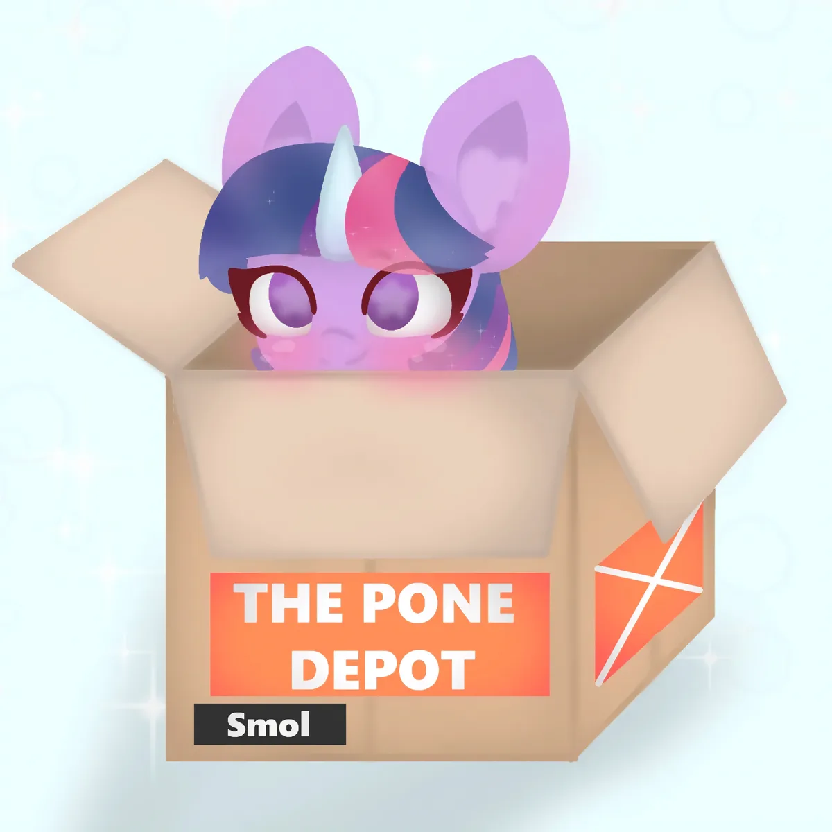 A cartoon pony with purple skin, large eyes, and a blue-and-pink mane peeks out from an open cardboard box. The box has an…