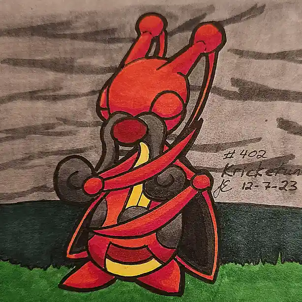 A hand-drawn illustration of the Pokémon Kricketune, depicted in a dynamic, stylized pose with red and black coloring…