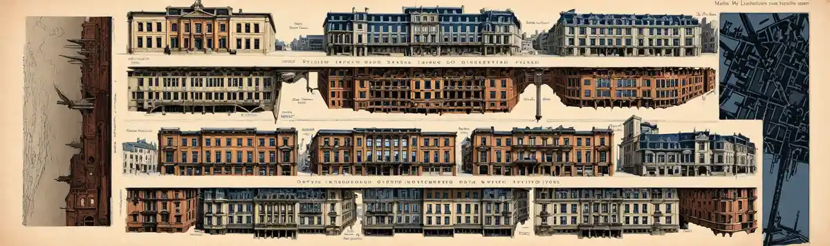 An architectural illustration showing multiple rows of European-style buildings, with a central section cut away to reveal a…