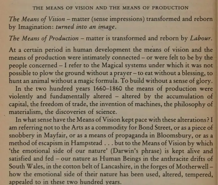 A scanned page from a book titled 'The Means of Vision and the Means of Production' features dense text discussing how…