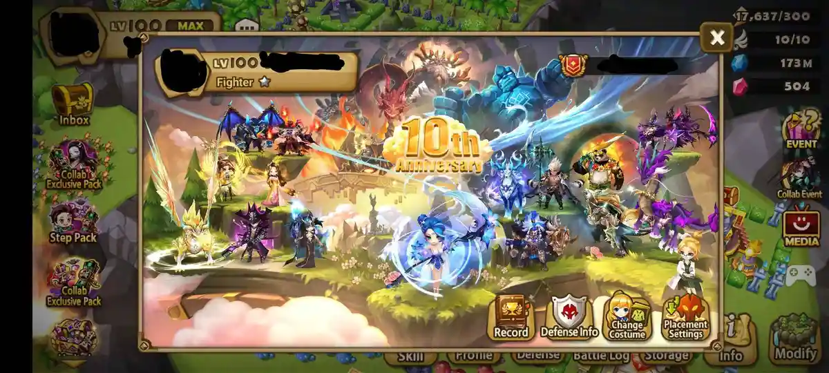 A colorful mobile game interface celebrating a 10th anniversary, featuring a large central banner with '10th Anniversary'…