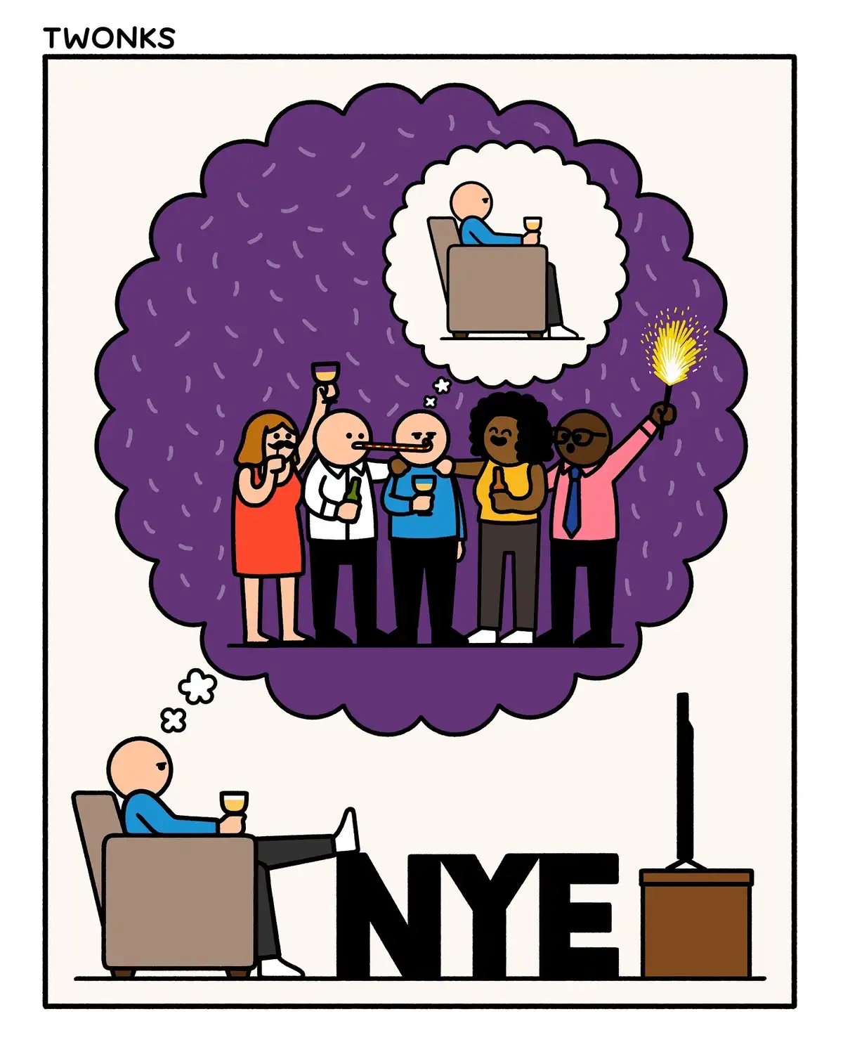 A cartoon depicts a man in a blue shirt sitting alone in a recliner, holding a wine glass, with the text 'NYE' below him…