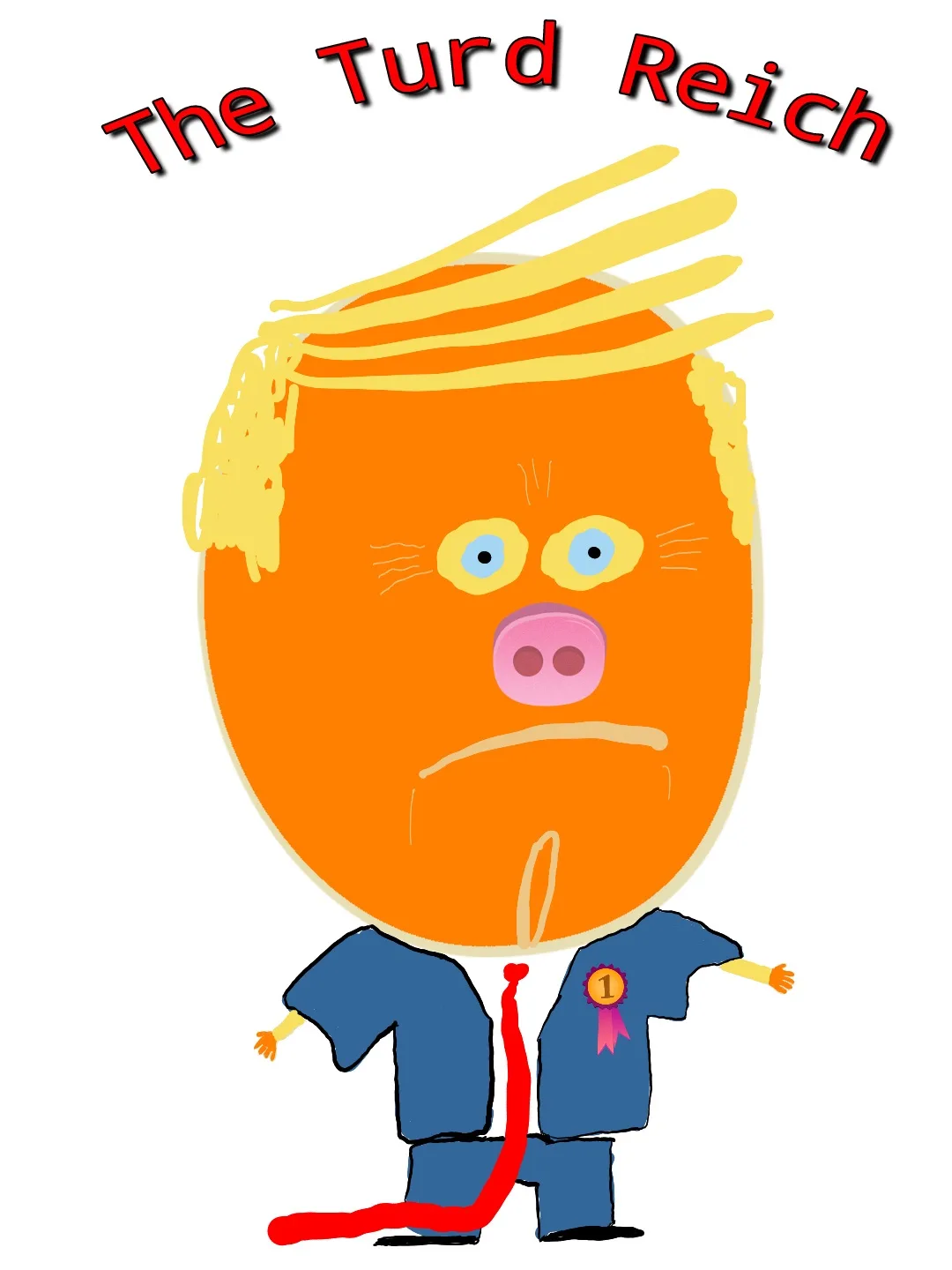 A crudely drawn cartoon figure with an orange face, pig-like snout, and yellow hair styled like Donald Trump's, wearing a…