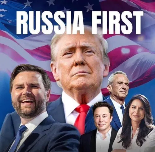 A composite image features Donald Trump centrally with an American flag background, overlaid with the bold white text…