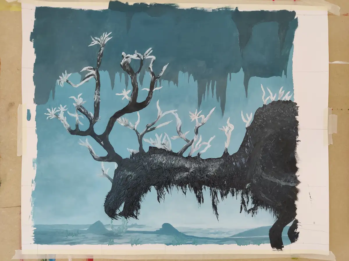 A painting depicts a large, dark, furry creature resembling a moose, but with elaborate white antler-like branches growing…