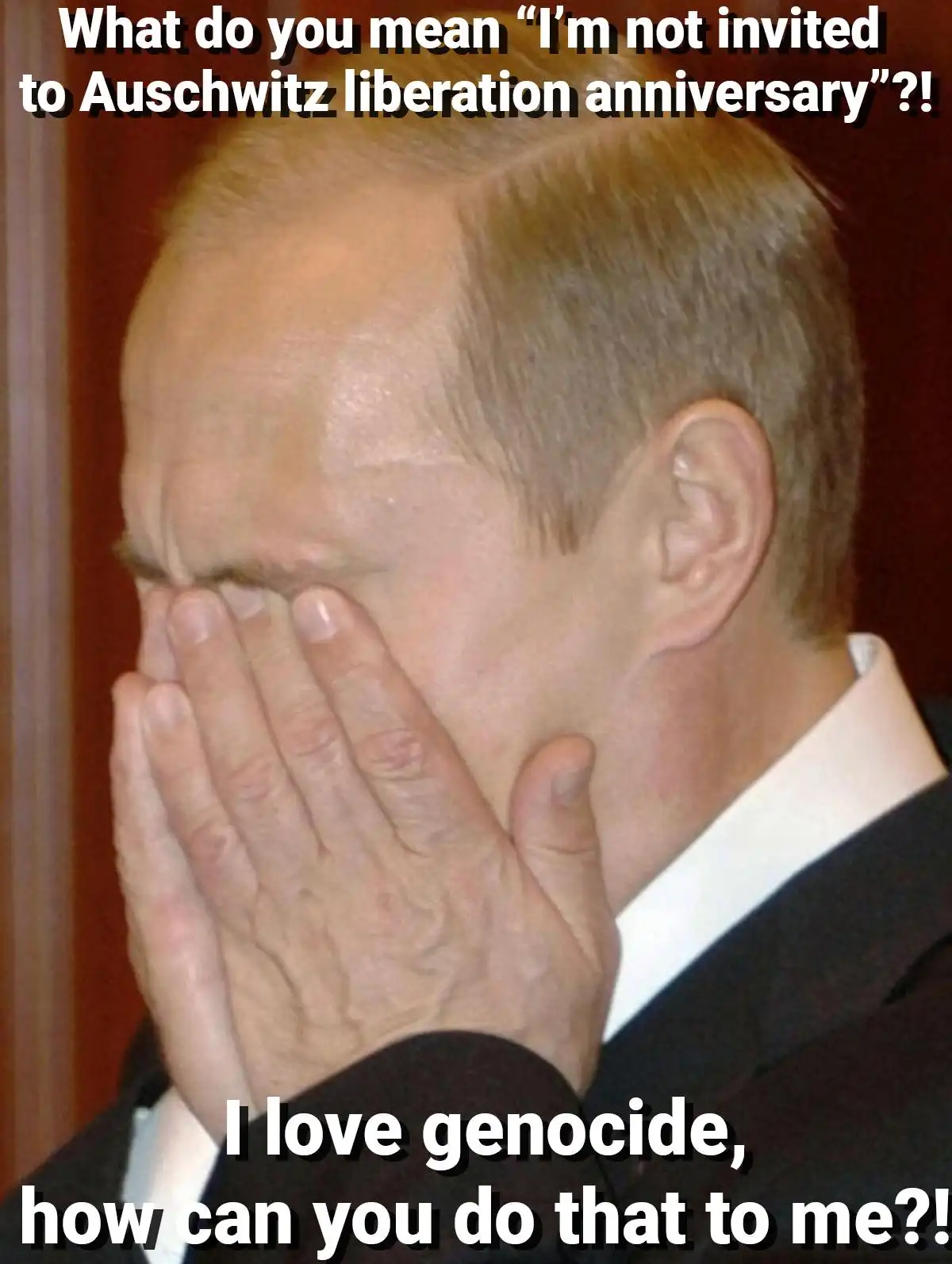 A close-up photo of Vladimir Putin with his hands covering his face in a gesture of mock outrage or disbelief. The image has…
